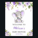 Póster Purple Elephant Baby Girl Shower Sprinkle Welcome<br><div class="desc">Personalized light purple elephant welcome sign for a baby girl shower, sprinkle, kid's birthday or another party. Cute floral decor sign that can be used to welcome your guests hanging on the entrance door, put in a frame or on an easel in your garden. Made to match our Lilac Elephant...</div>