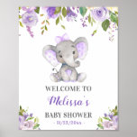 Póster Purple Elephant Baby Girl Shower Sprinkle Welcome<br><div class="desc">Personalized light purple elephant welcome sign for a baby girl shower, sprinkle, kid's birthday or another party. Cute floral decor sign that can be used to welcome your guests hanging on the entrance door, put in a frame or on an easel in your garden. Made to match our Lilac Elephant...</div>