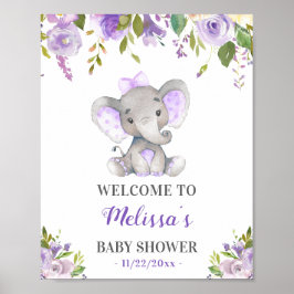 Póster Purple Elephant Baby Girl Shower Sprinkle Welcome