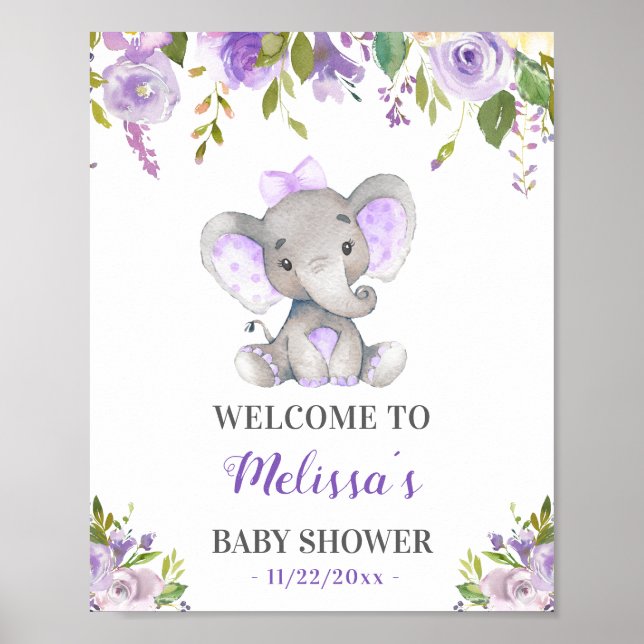 Póster Purple Elephant Baby Girl Shower Sprinkle Welcome (Frente)