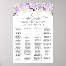 Póster Purple Floral Alphabetical Wedding Seating Chart