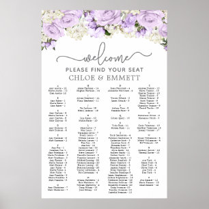 Póster Purple Floral Alphabetical Wedding Seating Chart