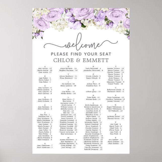 Póster Purple Floral Alphabetical Wedding Seating Chart (Frente)