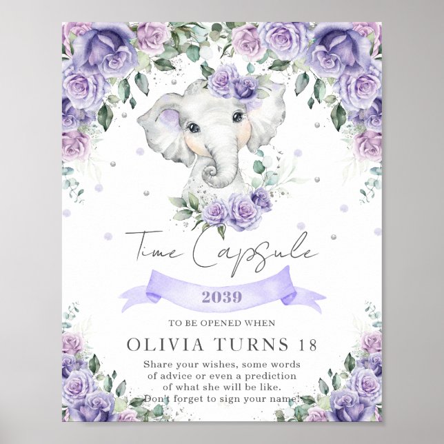 Póster Purple Floral Elephant 1st Birthday Time Capsule  (Frente)