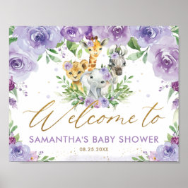 Póster Purple Floral Jungle Animals Baby Shower Welcome 