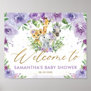 Póster Purple Floral Jungle Animals Baby Shower Welcome