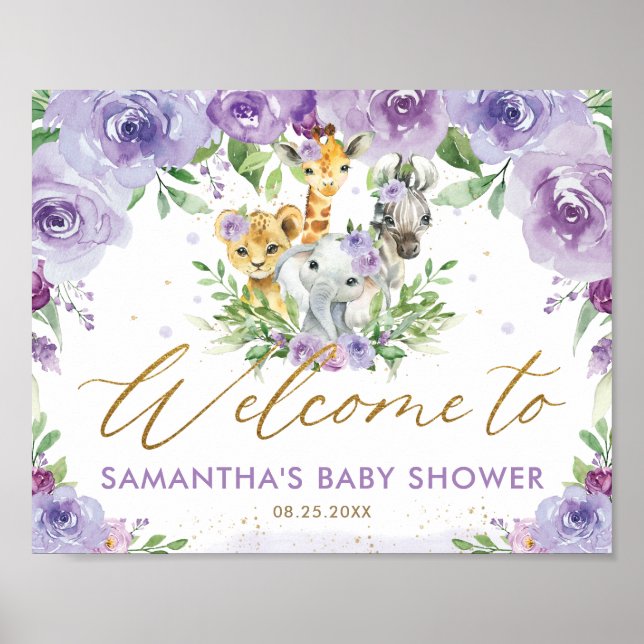 Póster Purple Floral Jungle Animals Baby Shower Welcome  (Frente)