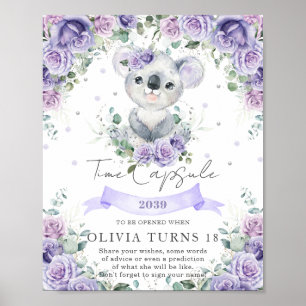Póster Purple Floral Koala 1st Birthday Time Capsule Sign