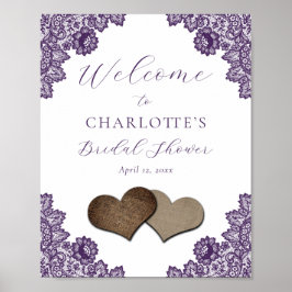 Póster Purple Floral Lace Rustic Bridal Shower Sign