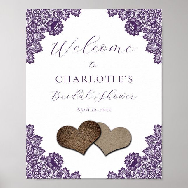 Póster Purple Floral Lace Rustic Bridal Shower Sign (Frente)