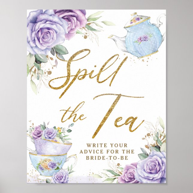 Póster Purple Floral Party Bridal Shower Spill The Tea (Frente)