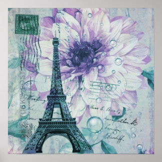 Póster purple floral Vintage Paris Eiffel Tower