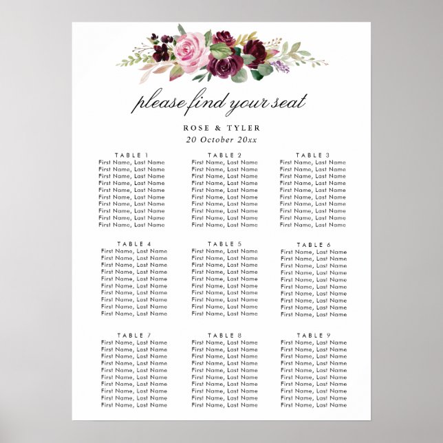 Póster purple floral wedding seating chart (Frente)