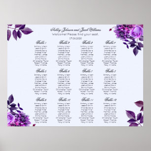 Póster Purple flower wedding seating chart. Violet floral