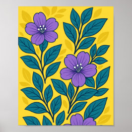 Póster Purple Flowers & Teal Leaves on Yellow Background