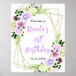 Póster Purple Flowers with Foliage Birthday Welcome