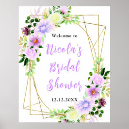Póster Purple Flowers with Foliage Bridal Shower Welcome