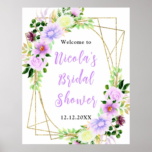 Póster Purple Flowers with Foliage Bridal Shower Welcome (Frente)
