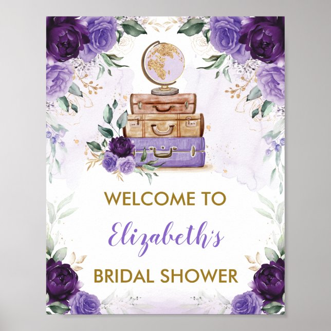 Póster Purple Gold Floral Travel Adventure Bridal Shower (Frente)