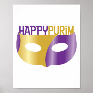 Póster Purple Gold Happy Purim y máscara