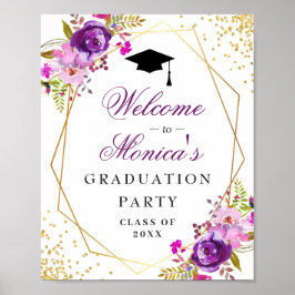 Póster Purple Golden Floral Welcome Graduation Party
