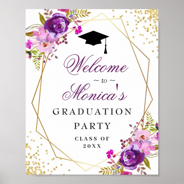 Póster Purple Golden Floral Welcome Graduation Party (Frente)