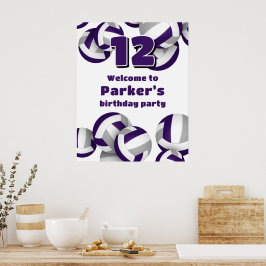 Póster purple gray volleyballs birthday party welcome