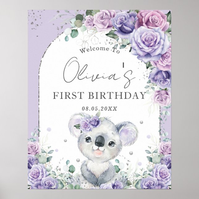 Póster Purple Lilac Floral Cute Koala Arch 1er cumpleaños (Frente)