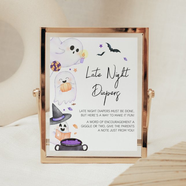 Póster Purple Little Boo Halloween Diapers nocturnos (Purple Little Boo Baby Shower Late Night Diapers Sign)