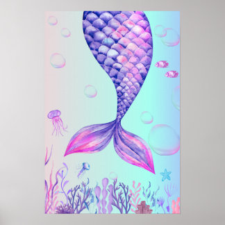 Póster Purple Mermaid Blue Sea Bedroom Wall Art Poster