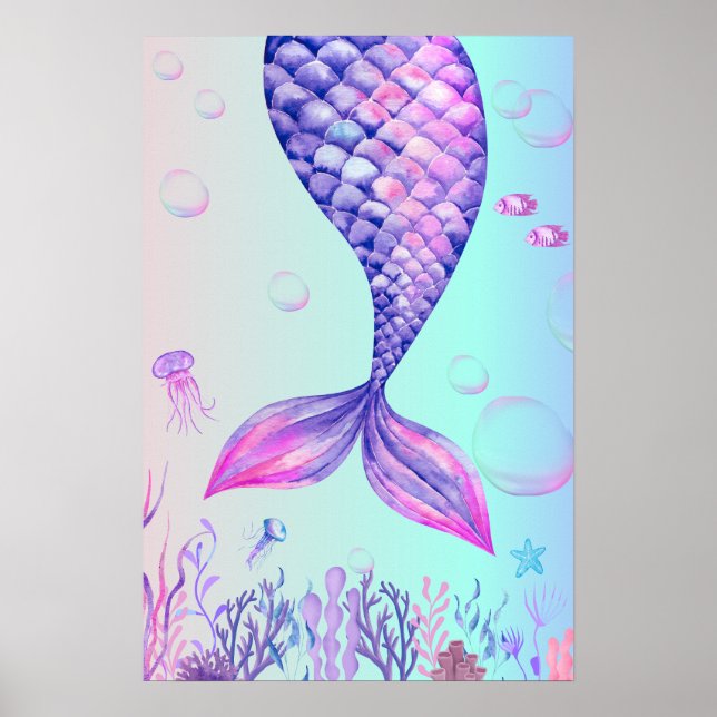 Póster Purple Mermaid Blue Sea Bedroom Wall Art Poster (Frente)
