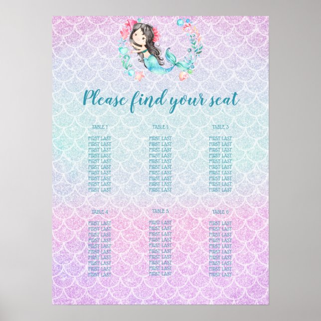 Póster Purple Mermaid Girl's Baby Shower Seating Chart (Frente)