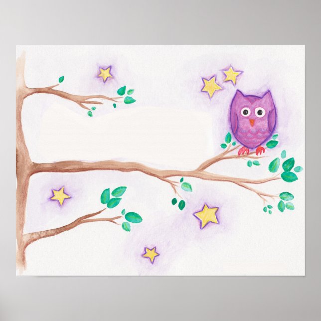 Póster Purple Night Owl Watercolor Print (Frente)