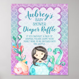 Póster Purple Pink Mermaid Girl Baby Shower Diaper Raffle