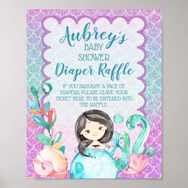 Póster Purple Pink Mermaid Girl Baby Shower Diaper Raffle (Frente)