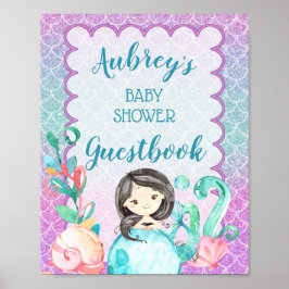 Póster Purple Pink Mermaid Girl Baby Shower Guestbook