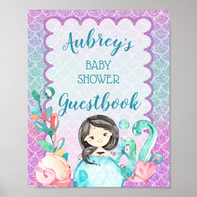 Póster Purple Pink Mermaid Girl Baby Shower Guestbook (Frente)
