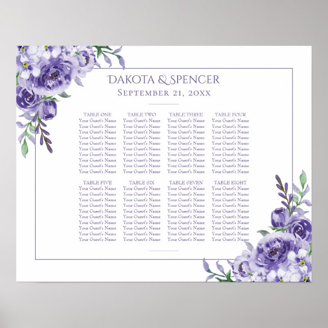 Póster Purple Rose | Elegant Boho Floral 10 Seat Chart (Frente)