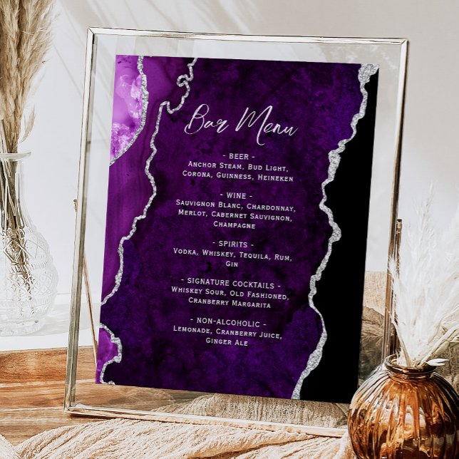 Póster Purple Silver Agate Script Wedding Bar Menu  (Subido por el creador)