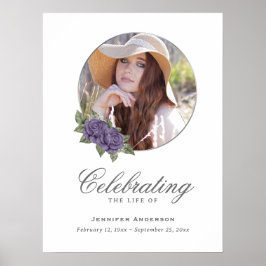 Póster Purple Silver Floral Photo Memorial Funeral Sign
