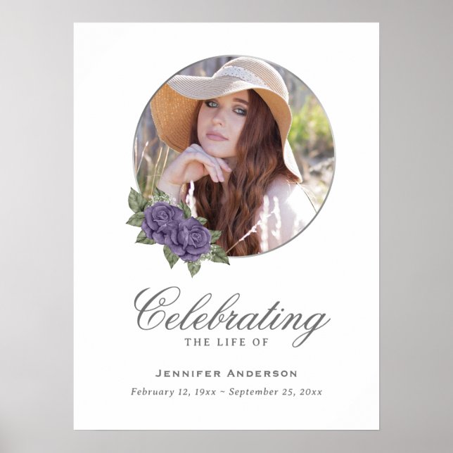 Póster Purple Silver Floral Photo Memorial Funeral Sign (Frente)