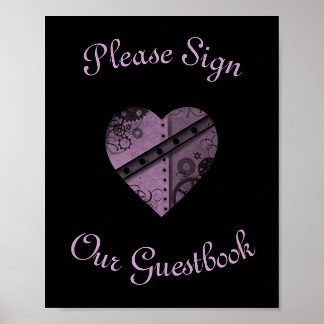 Póster Purple steampunk heart wedding guestbook sign (Frente)