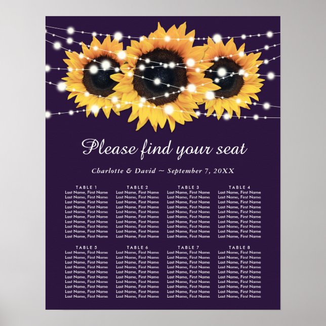 Póster Purple Sunflower Floral Wedding Seating Chart 8 (Frente)