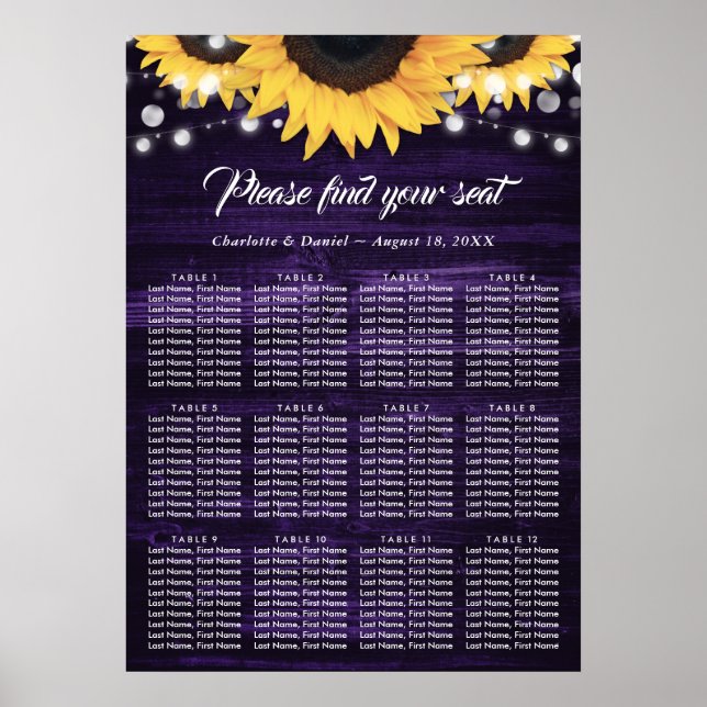 Póster Purple Sunflower Wedding Seating Chart 12 (Frente)