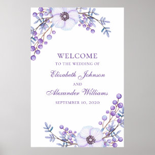 Póster Purple wedding print. Violet flowers welcome sign