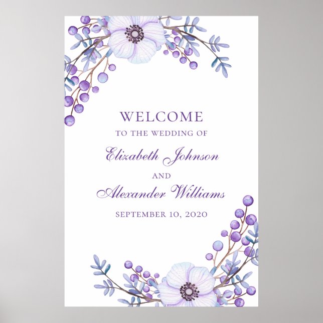 Póster Purple wedding print. Violet flowers welcome sign (Frente)