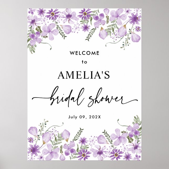 Póster Purple Wildflowers Bridal Shower Poster de bienven (Frente)