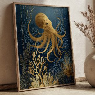 Póster Púrpura Azul y Oro Pulpo Kintsugi Subacuático