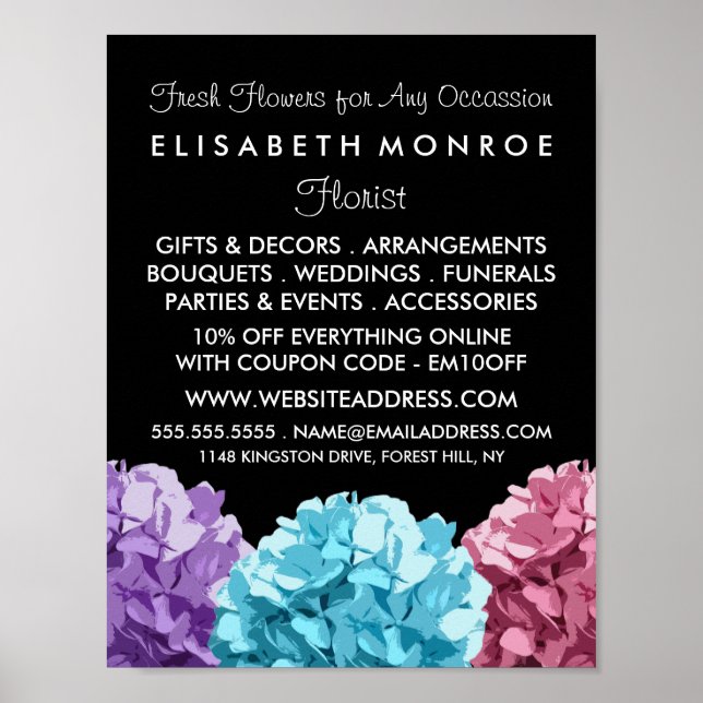 Póster Púrpura, azul y rosada Hydrangea, Floristry (Frente)