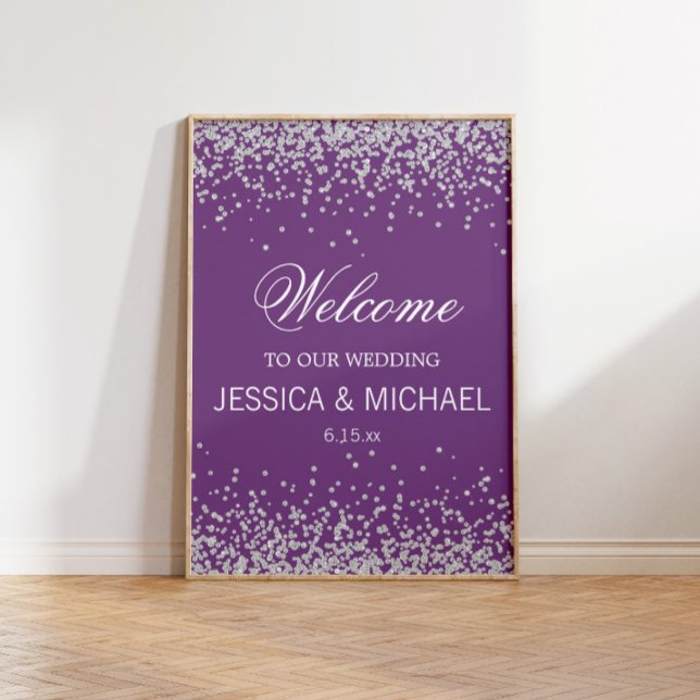 Póster Púrpura con Boda del Purpurina de Plata parkling (Custom purple "Welcome to our wedding" with silver glitter)